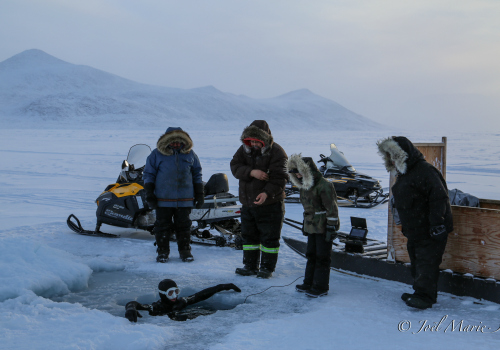 Sous l’œil étonné des Inuits, l'apnéiste Laurent Marie s'immerge sous la banquise. © Joël Marie