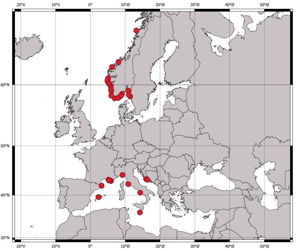 Les points rouges représentent les sites d'observation des sphères transparentes. © Halldis Ringvold/ Sea Snack Norway